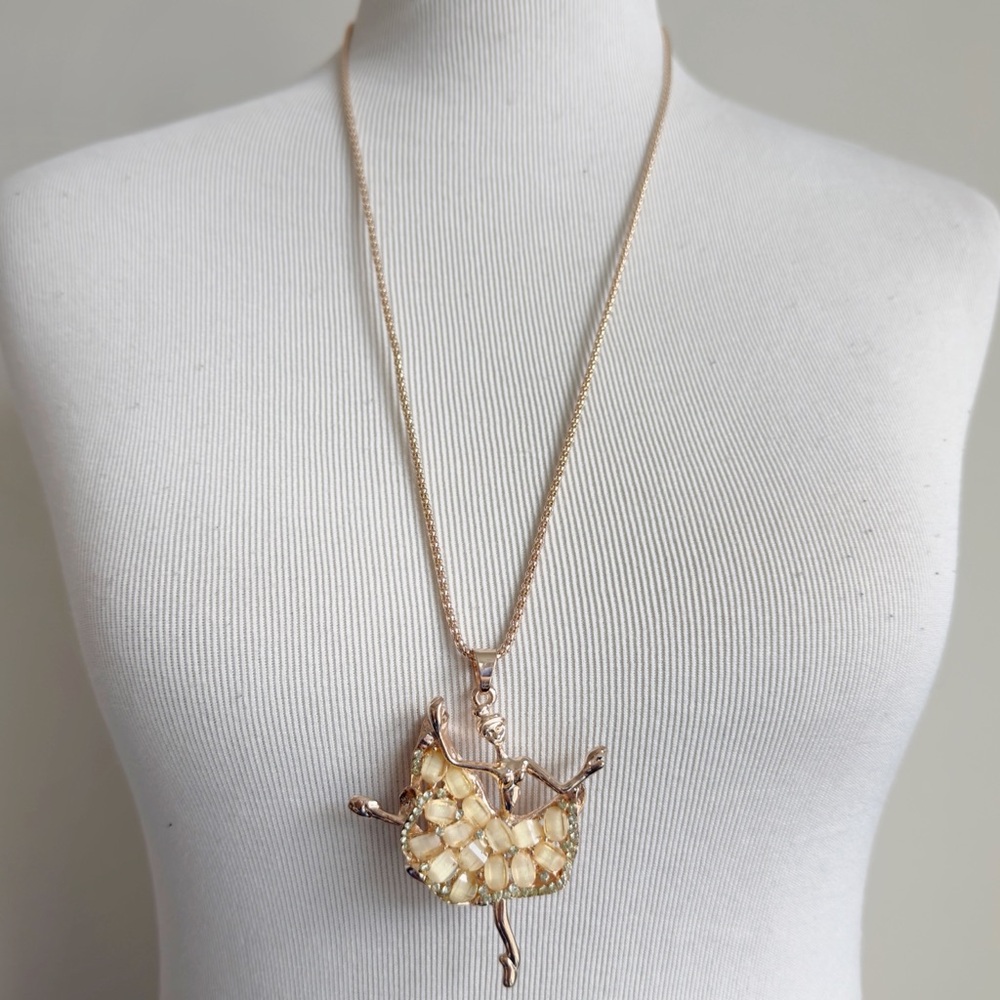 Ballerina Necklace Gold Tone 3” Pendant Cream Embellishment Tutu Cute Gift New